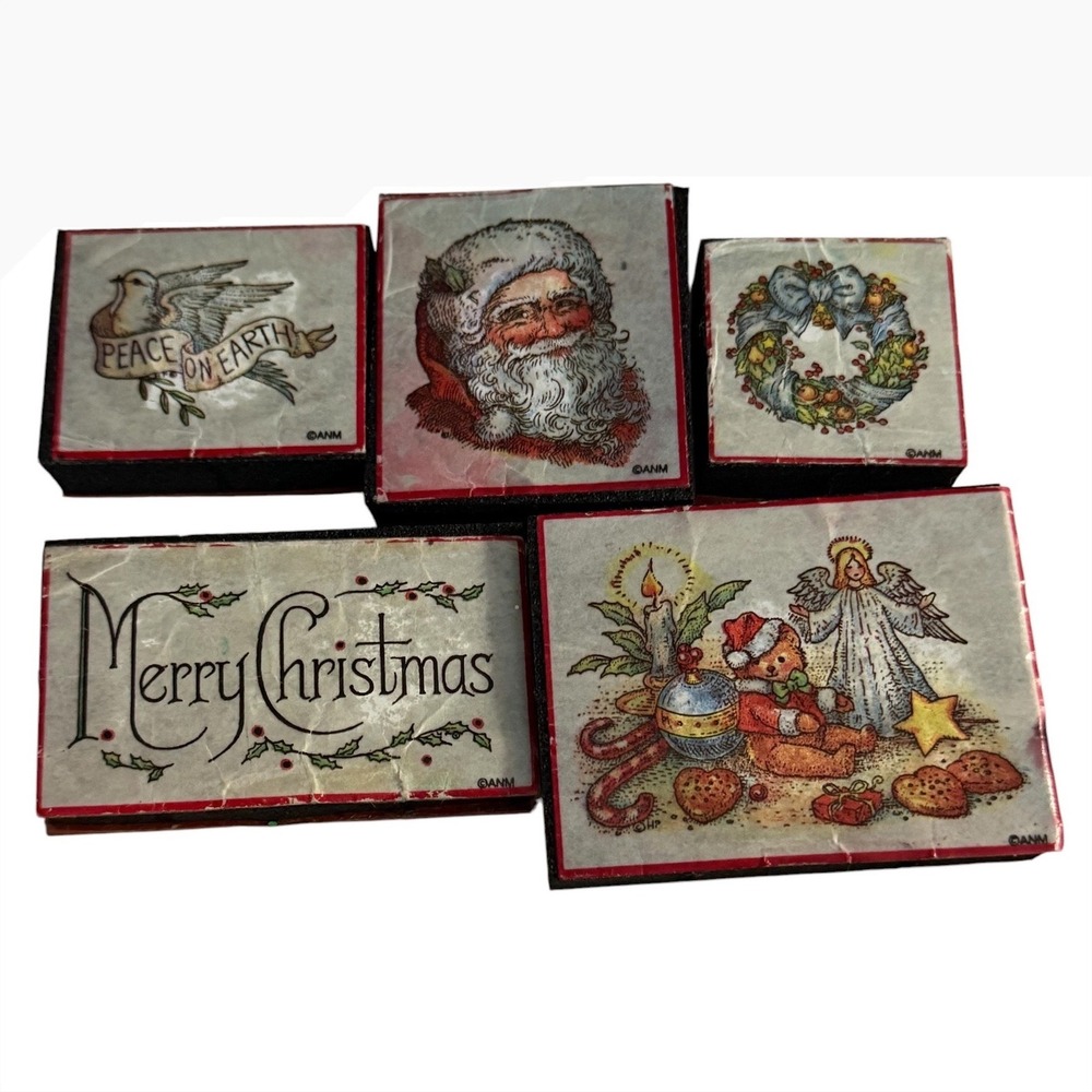 Vintage All Night Media Christmas Rubber Stamps Set Santa Angel Wreath 5 Pc Lot